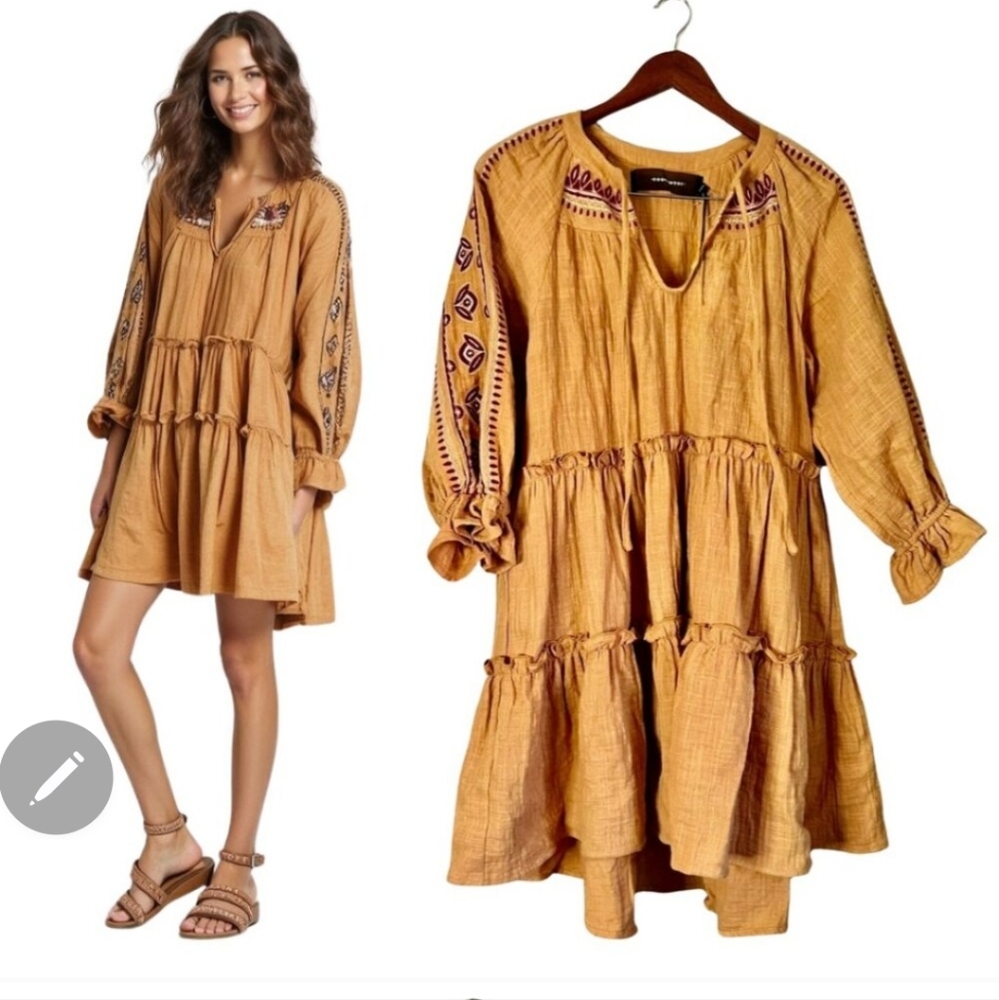 CODE X MODE Embroidered Tiered Dress Mustard Tie Bow Boho Shift CODEXMODE Medium